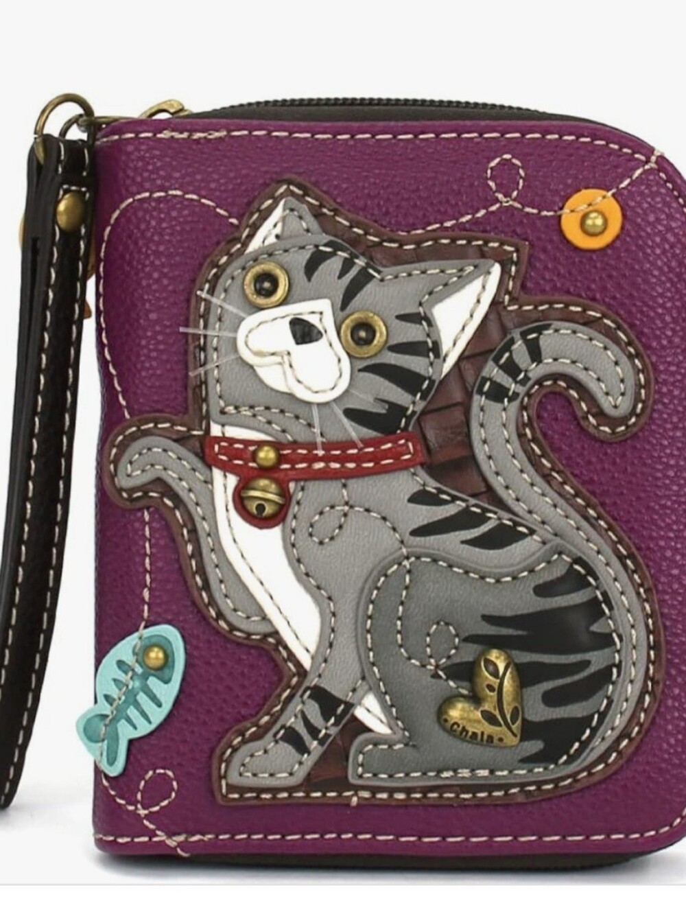 NEW Chala Purple Cat Appliqué Wristlet Wallet with Gray Tabby